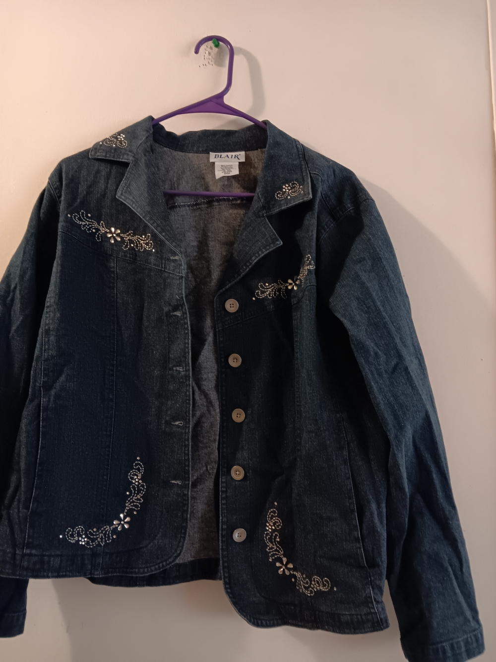 Blair Dark Blue Denim Jacket with Rhinestone Floral Accents Vintage Y2k